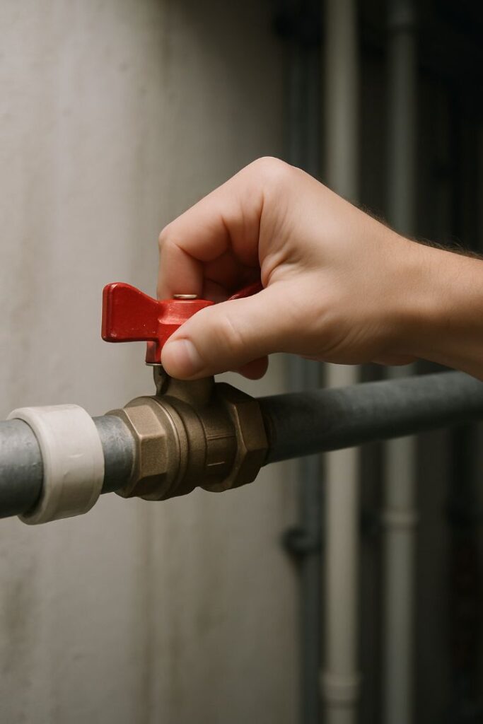 Hand turning a valve to bleed the plumbing system and release trapped air from pipes.