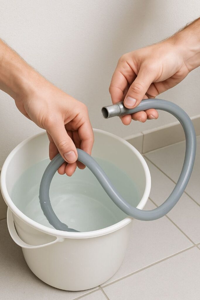 Person placing a hose into a bucket of water, demonstrating the bucket method to remove air lock from plumbing.
