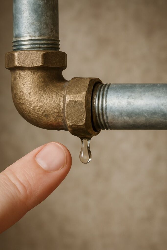 Close up of a leaking pipe joint with water drip, showing loose plumbing connection.