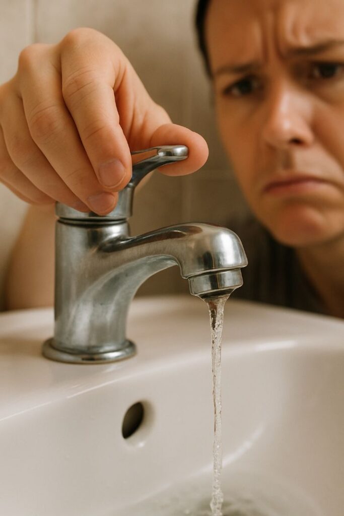 Person checking a bathroom tap with weak dripping water, identifying air lock problem in plumbing.