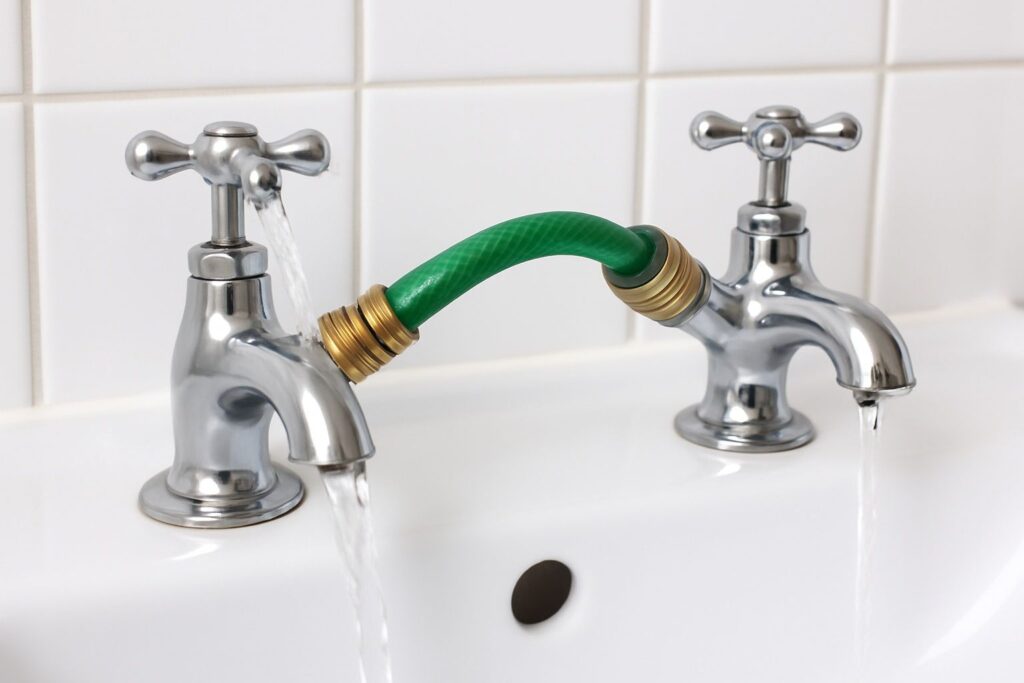 Two bathroom taps connected with a green hose, demonstrating the simple tap method to fix air lock in plumbing.