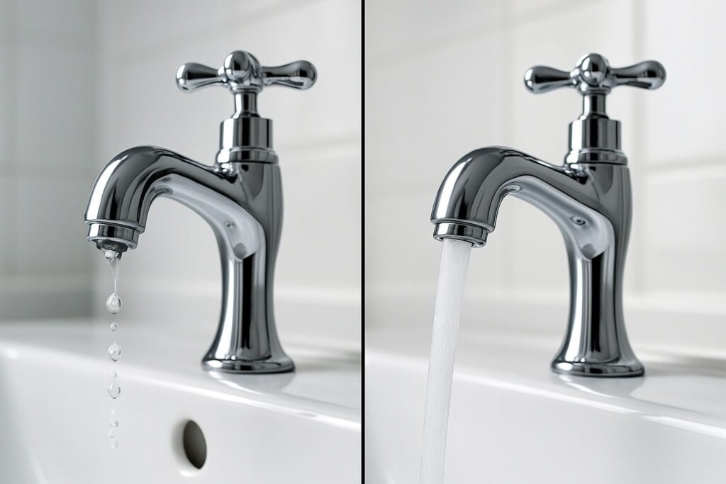 Comparison of a bathroom tap with low dripping water on the left and strong flowing water on the right, showing the effect of an air lock in plumbing.